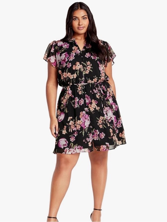 City Chic Dresses & Skirts - City Chic Black Midi Dress with Pink & Peach Floral Print